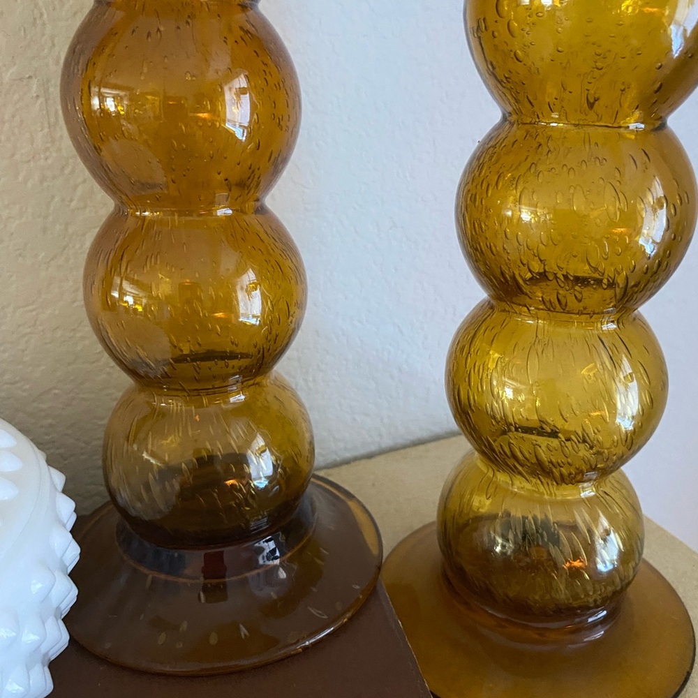 Vintage Midcentury Hand Blown Amber Bubble Glass Candle Holders MCM - Picture 2 of 7